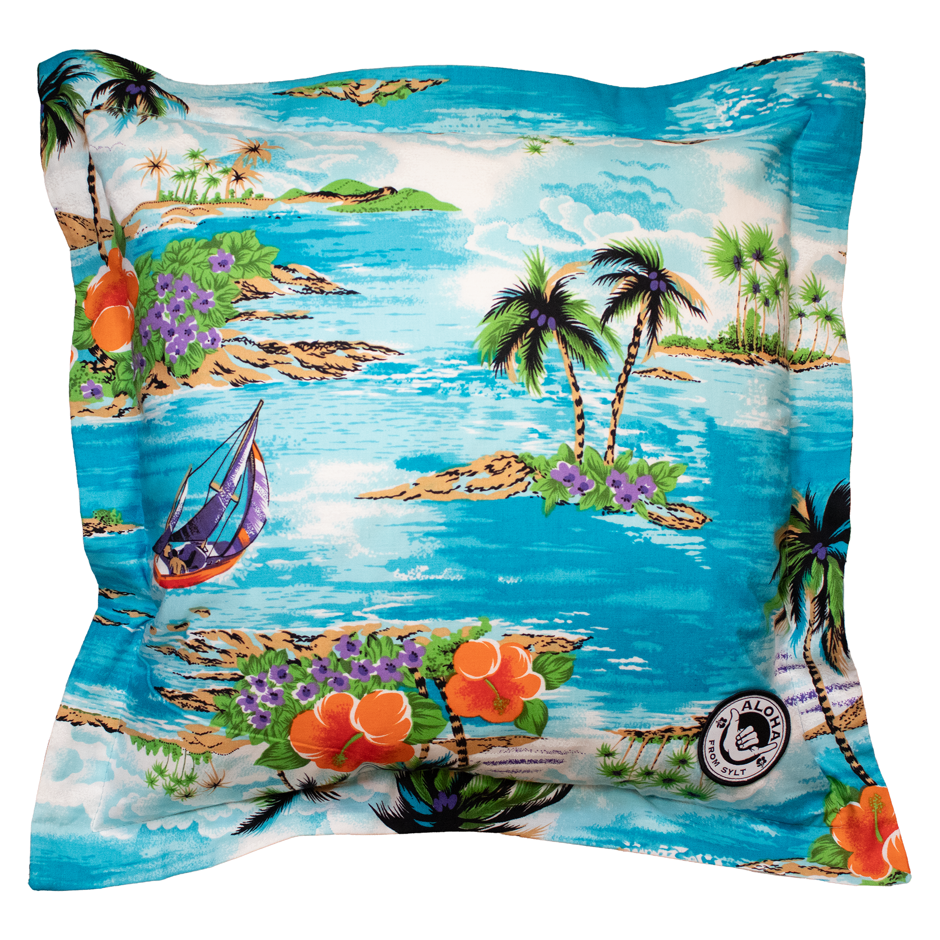 hochwertiger Designer Kissenbezug in blau mit tropischen Palmen und Blumen