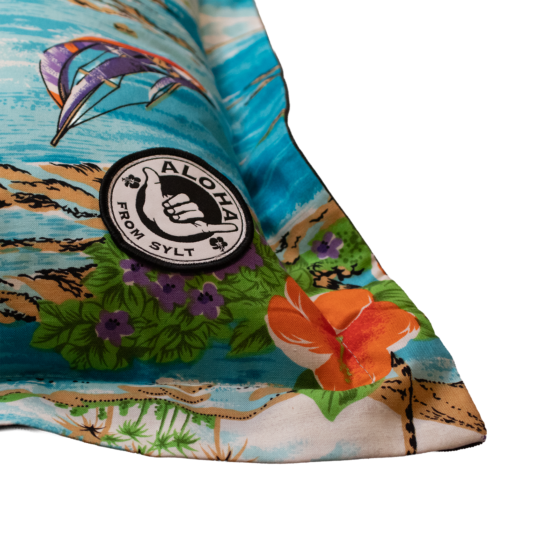 handgenähtes Kissen im Hawaii und Surfstyle mit Aufnäher Shaka-Hand