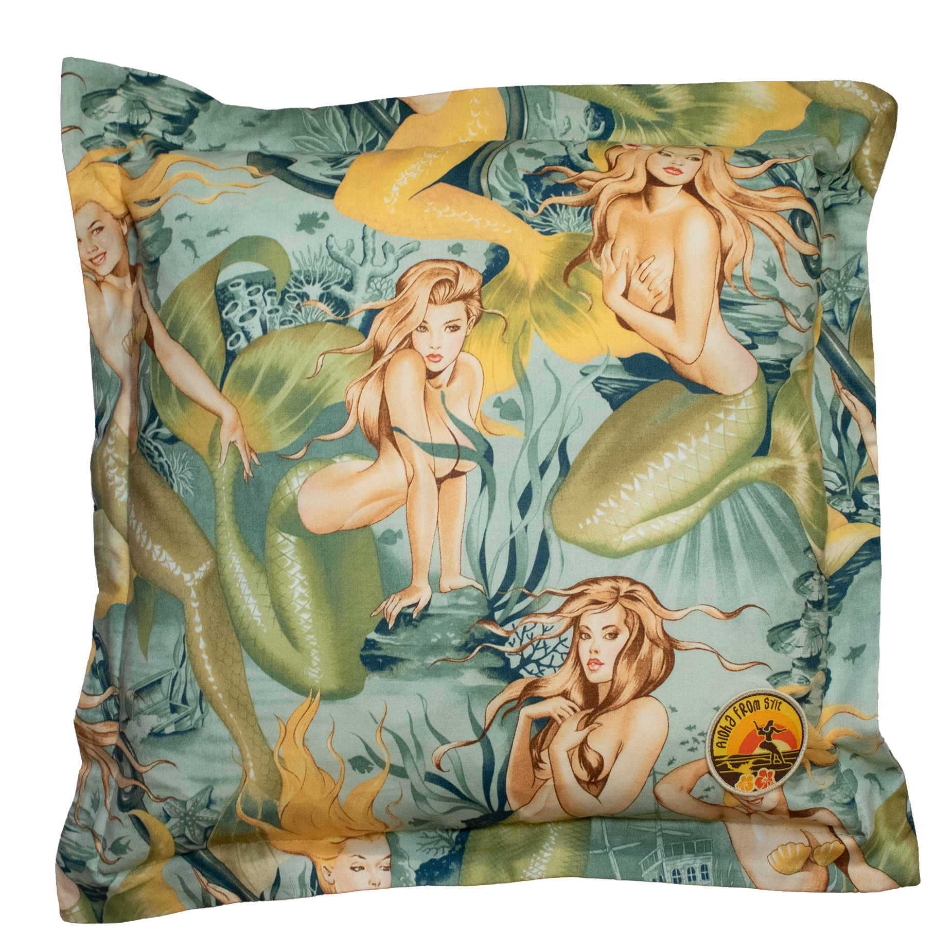 auf Sylt genähter Kissenbezug in grün/blau/gelb