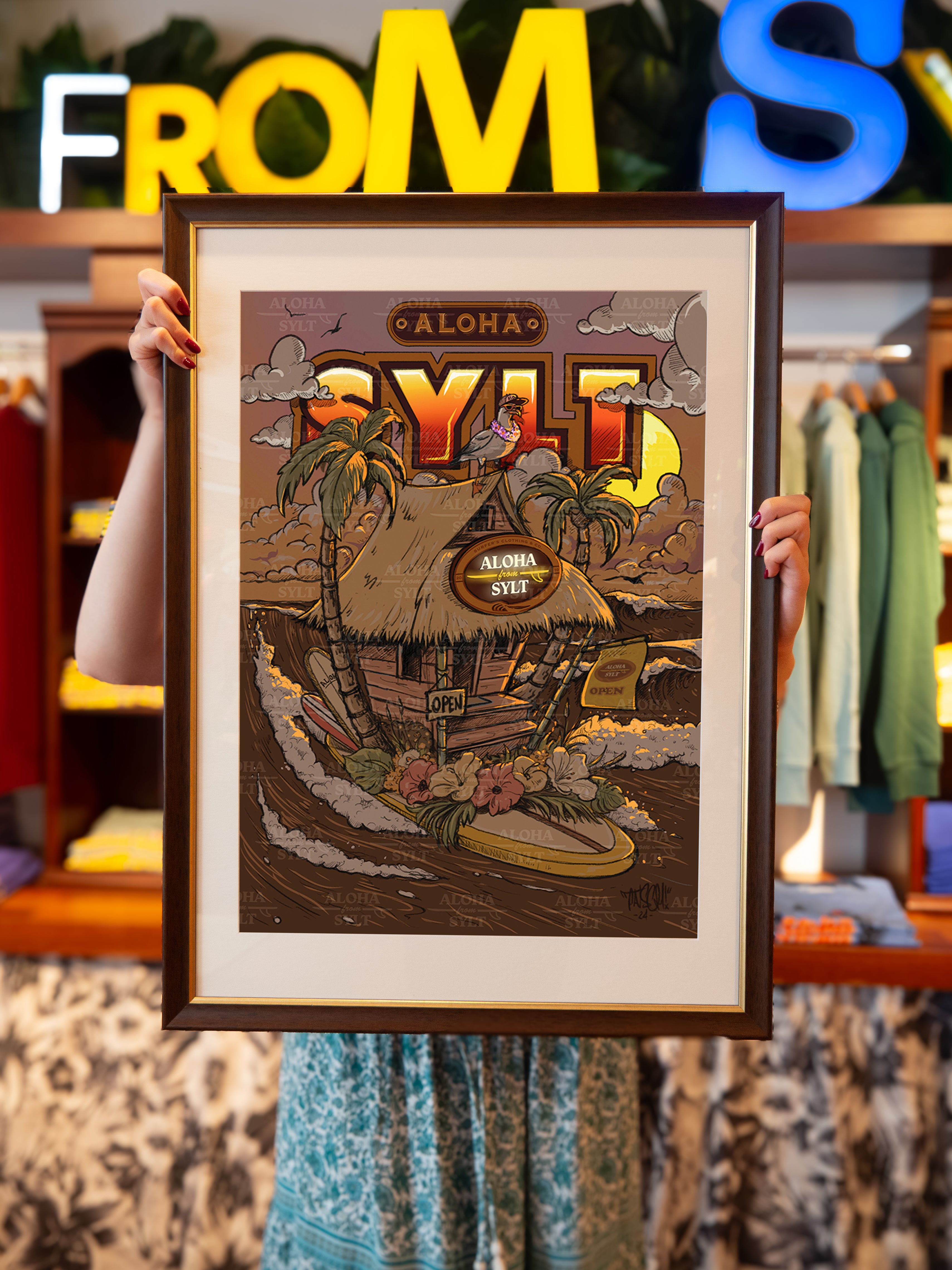 Poster Aloha from Sylt, Twisters mit Palmen und Wellen