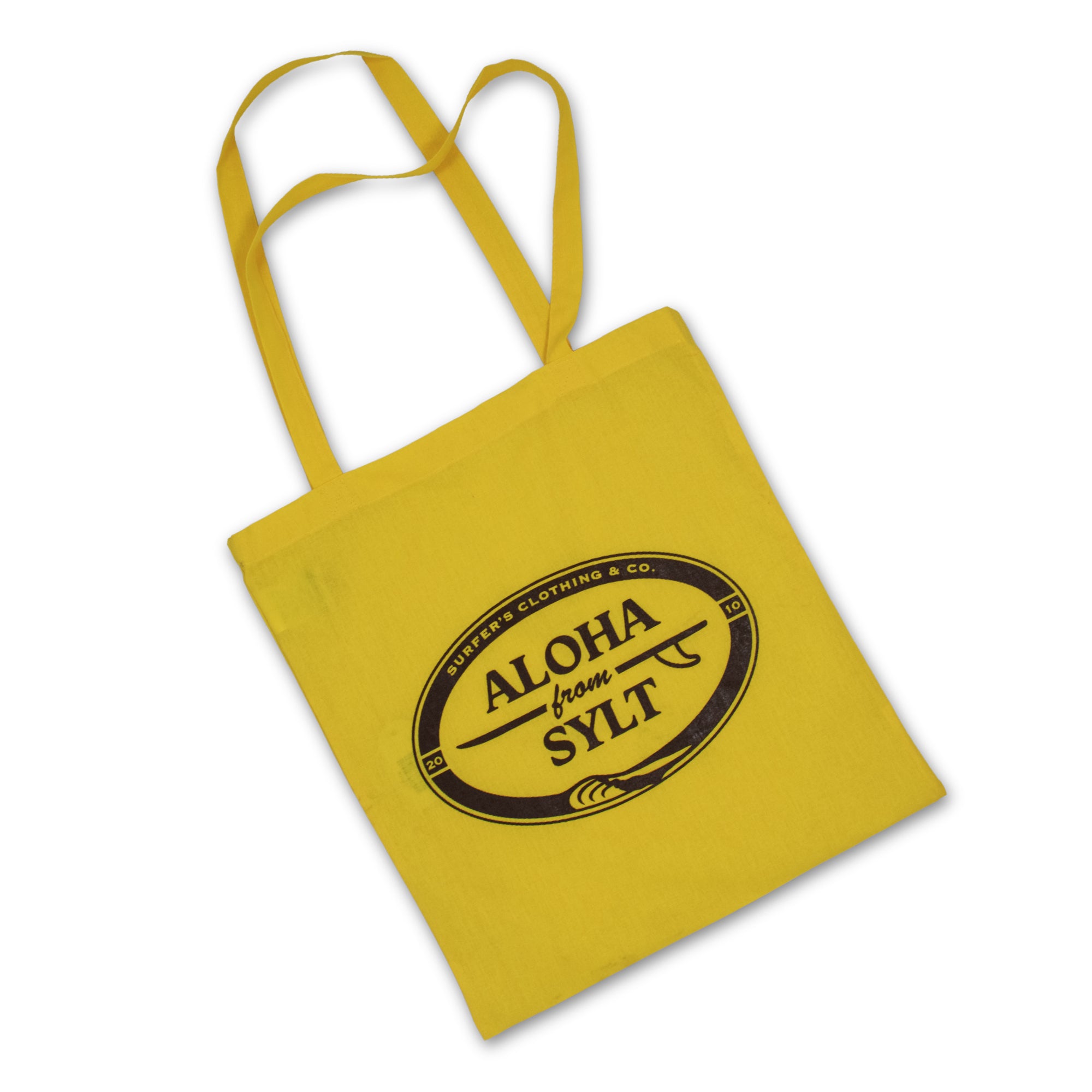 Stofftasche gelb, braunes Aloha from Sylt Logo