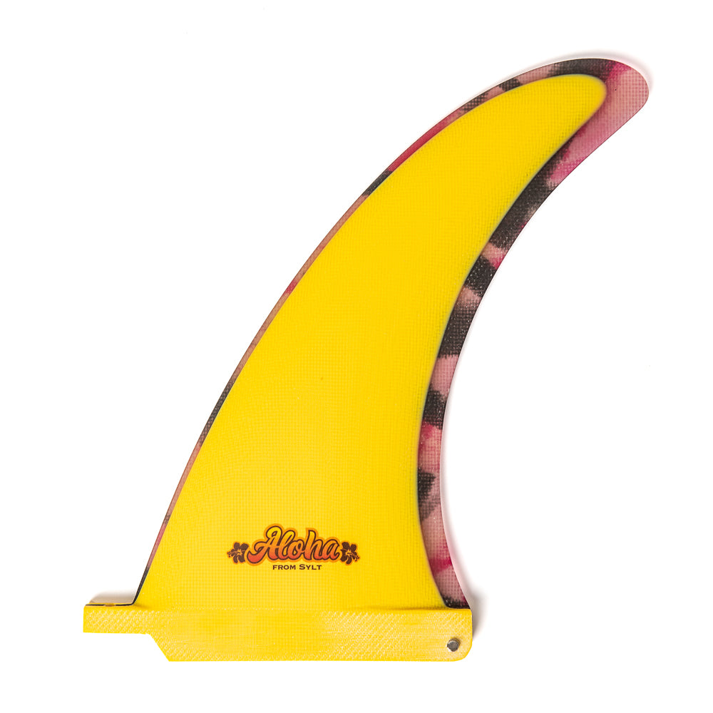 gelbe Surfboard Finne, Single-Fin, Longboard Finne handgefertigt, Aloha